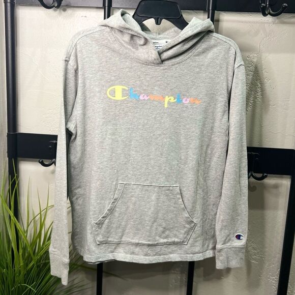 Champion Light Gray Hoodie with Colorful Logo Size Small - Picture 15 of 16